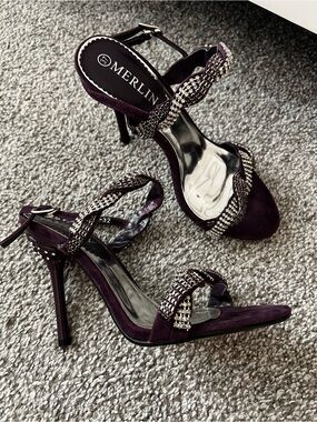 Purple Crystal-Embellished Suede High Heel Sandals